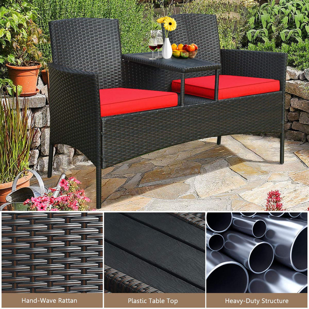 HAPPYGRILL loveseat next to seated person illustrating size and seating capacity