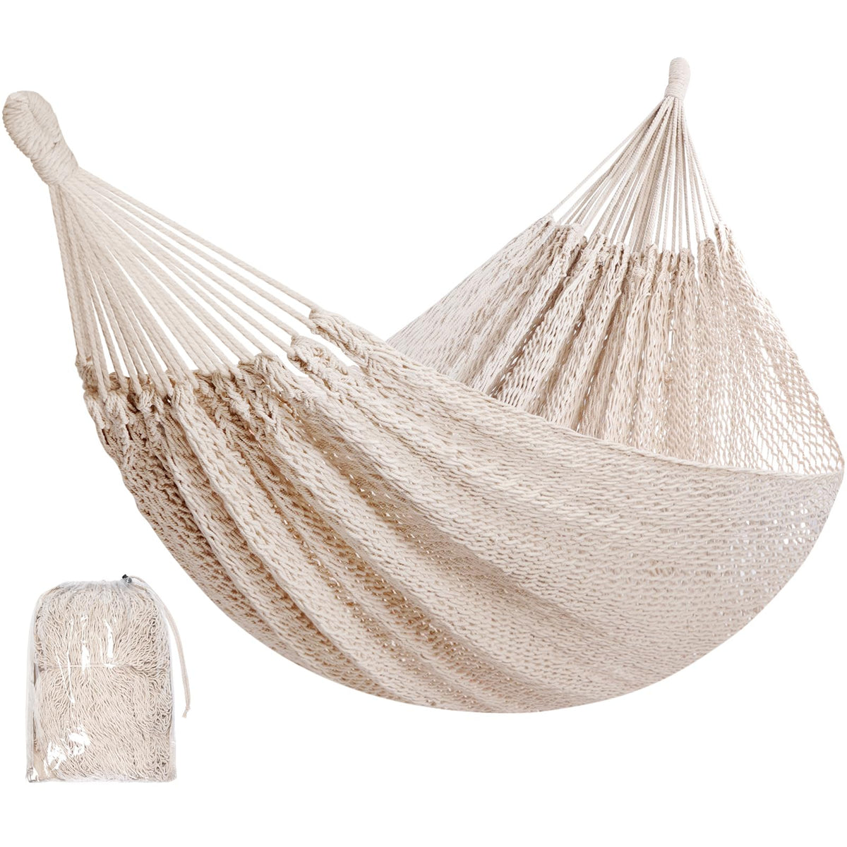 HappyPicnic front view of family-size white hammock showing full bed and spreader-free design, comfortable lounging