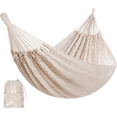 HappyPicnic front view of family-size white hammock showing full bed and spreader-free design, comfortable lounging