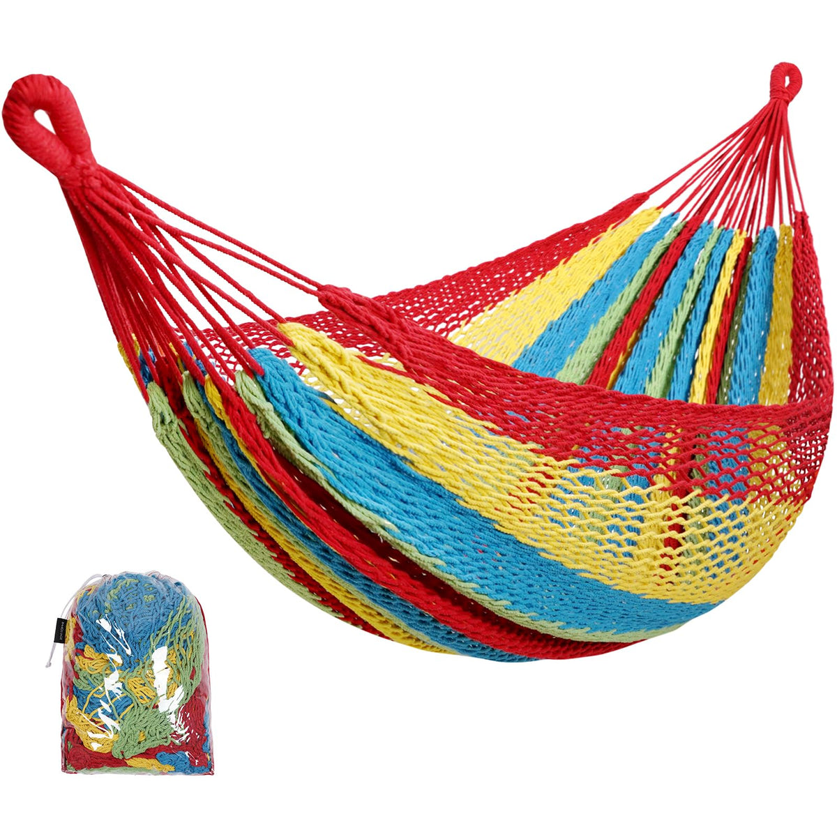 HappyPicnic hammock front view showing multi-color pattern and comfort