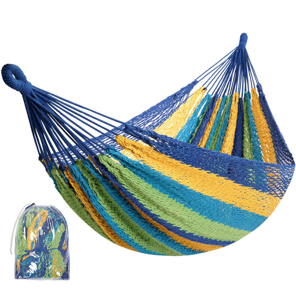 HappyPicnic hammock front view showing full colorful bed and rope ends for roomy relaxation