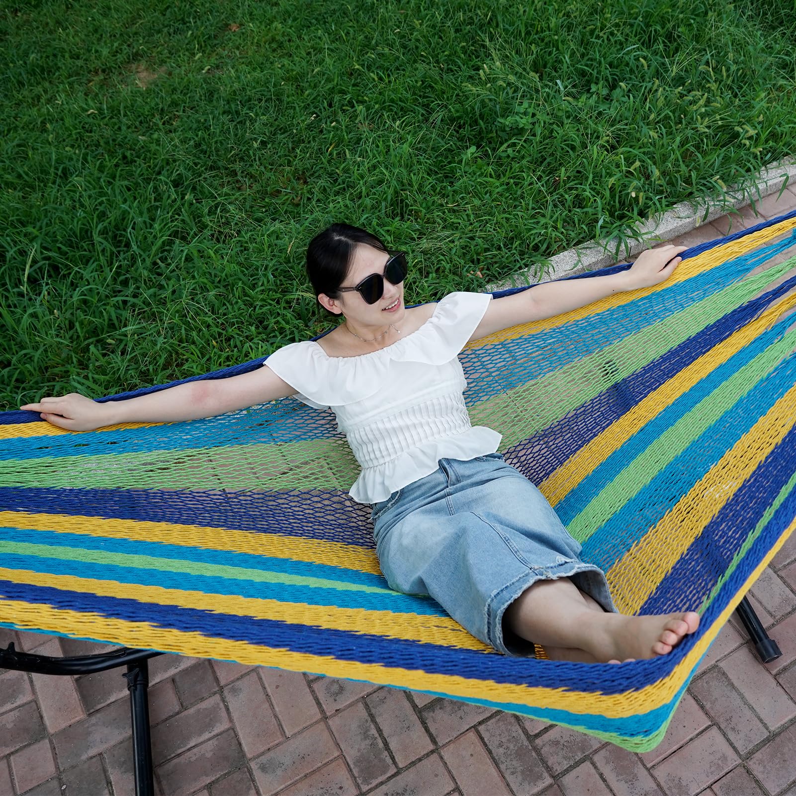HappyPicnic hammock hung on porch showing decorative look and outdoor relaxation benefit