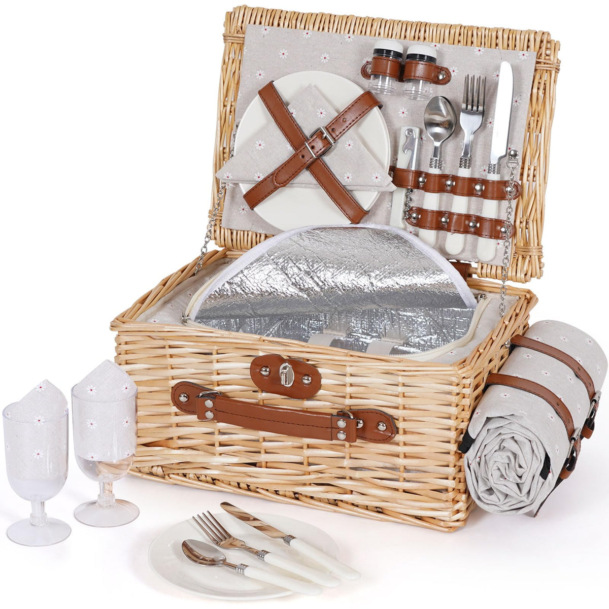 HappyPicnic front view showing durable wicker basket and handle, stylish and portable