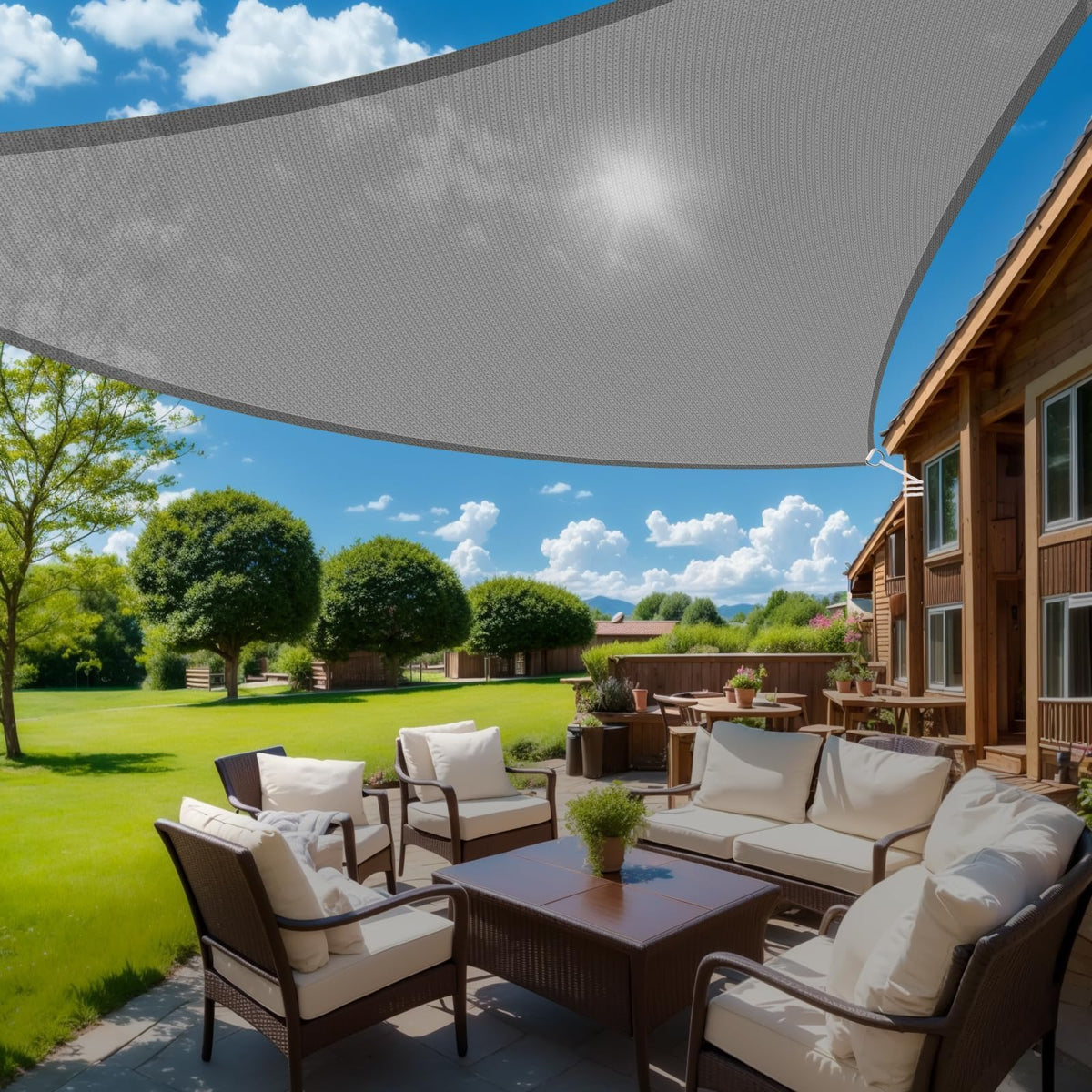 HappyTrends front view of shade sail showing full canopy and clean installation benefit