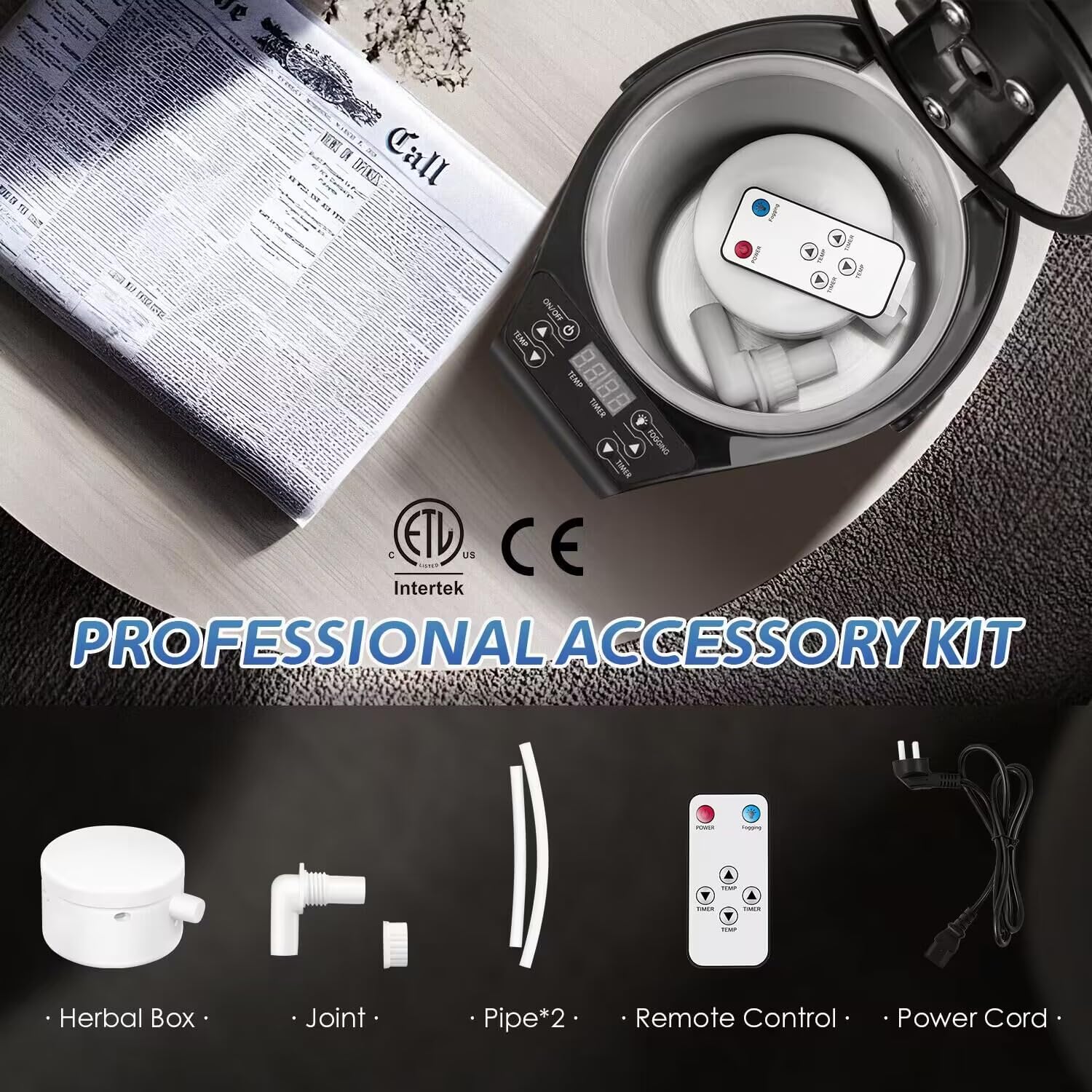 Hapyvergo included accessories: remote, power cord, and herbal box for ready use