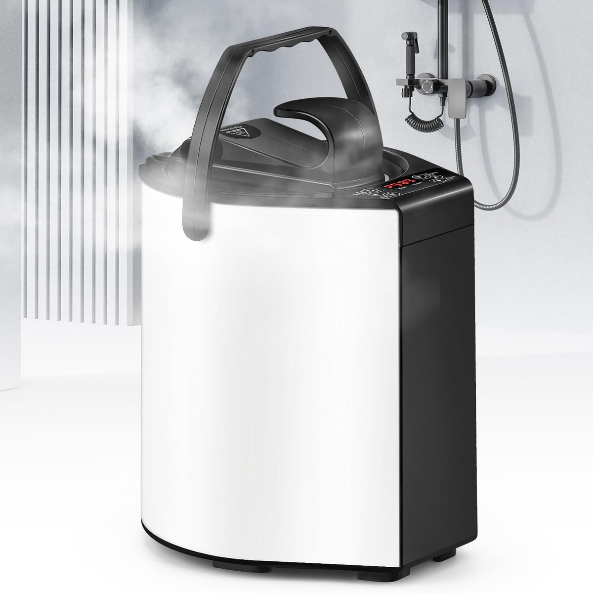 Hapyvergo front view of steamer showing compact design and controls for easy setup