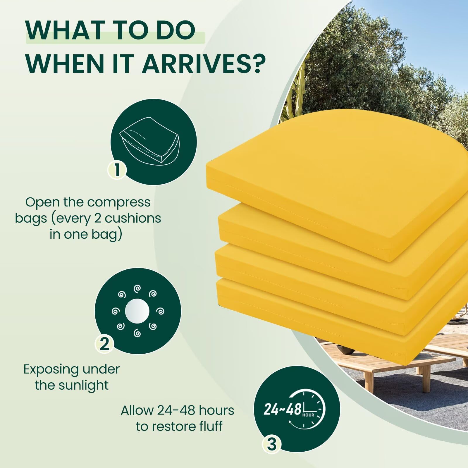HARBOREST cushion on patio chair illustrating improved comfort and bright yellow accent