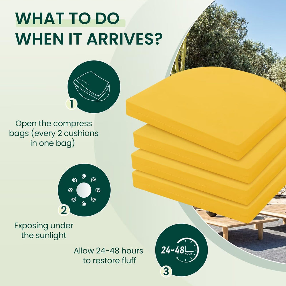 HARBOREST cushion on patio chair illustrating improved comfort and bright yellow accent