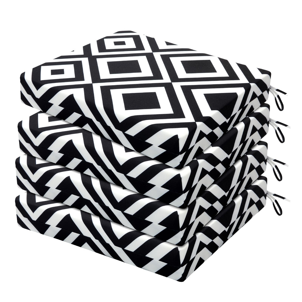 HARBOREST front view of four cushions showing black white diamond pattern and neat package