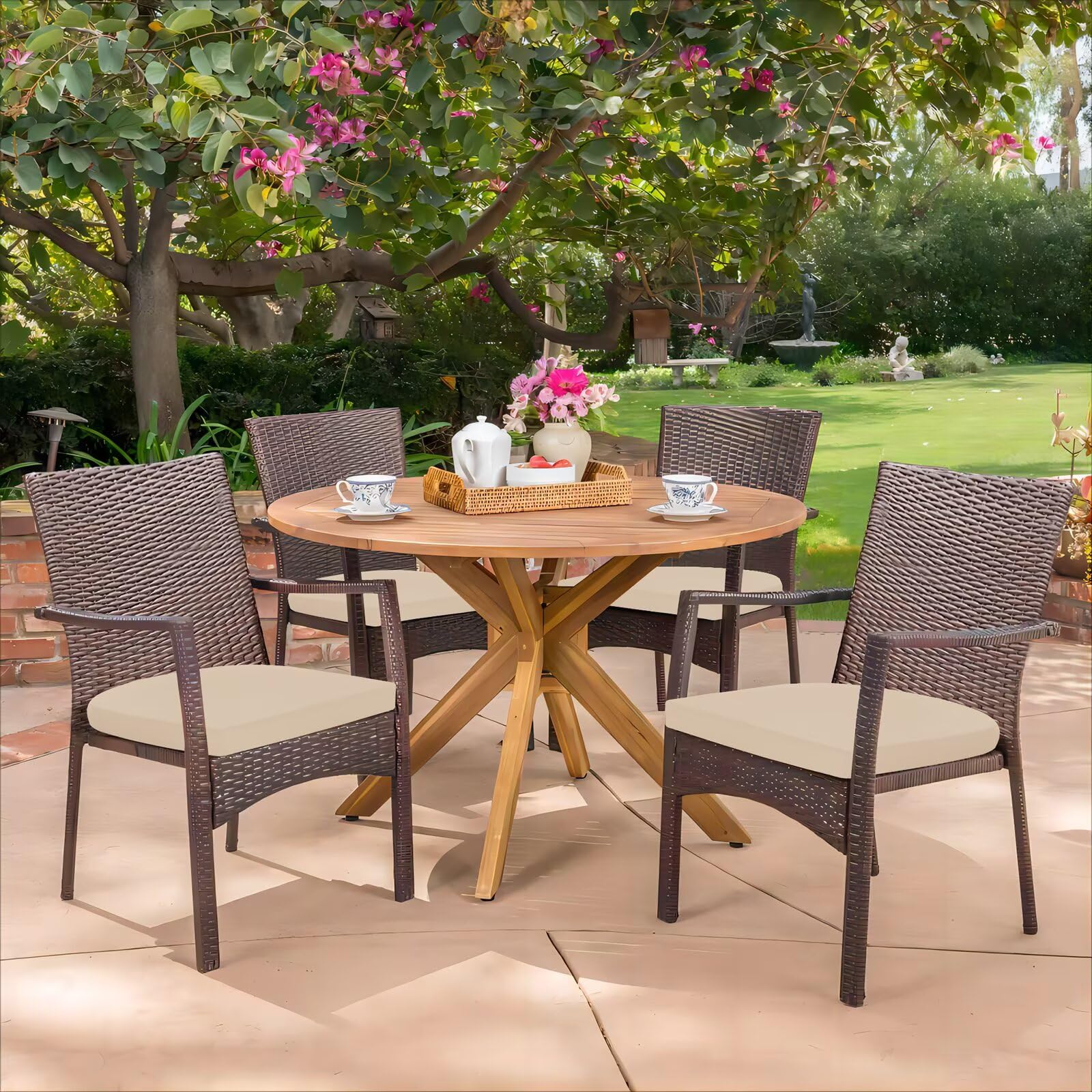 HARBOREST beige cushions on patio dining set, suggests easy styling for outdoor gatherings