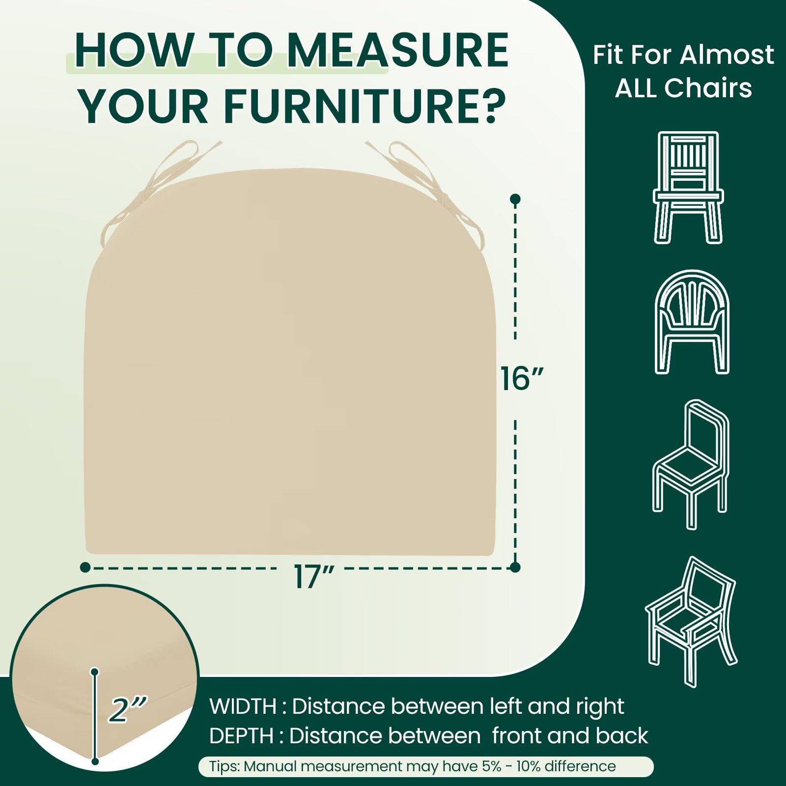 HARBOREST cushion next to ruler for scale, clarifies 17x16x2 inch dimensions and fit guidance