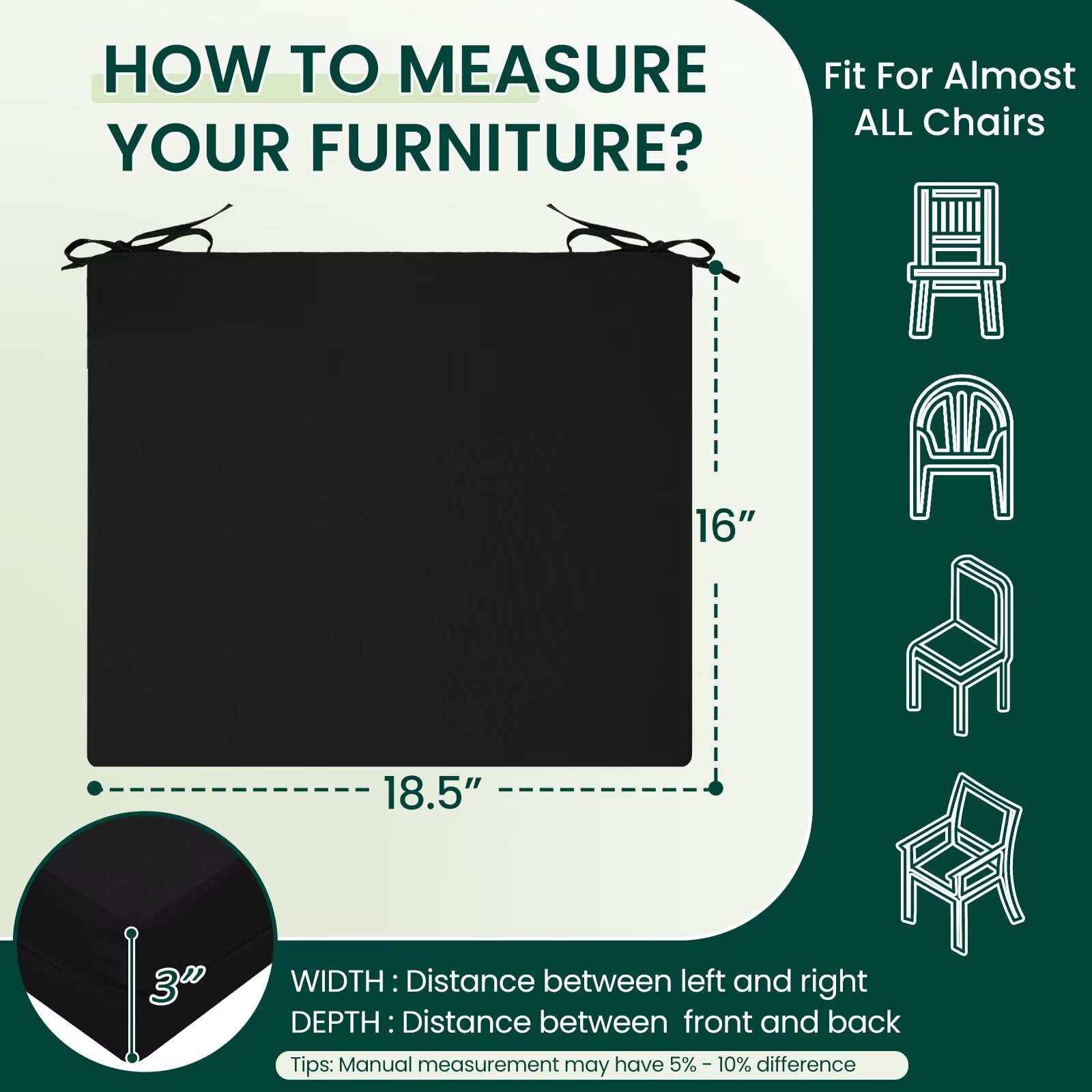 HARBOREST cushion beside ruler showing 18.5x16x3 size for accurate fit confirmation