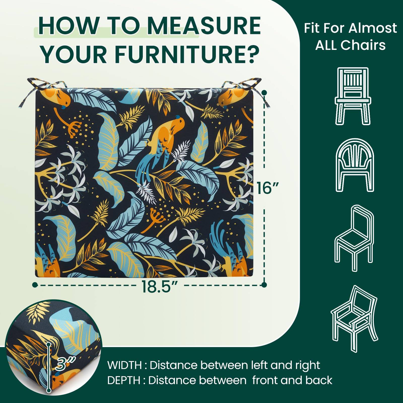 HARBOREST cushion next to ruler and chair demonstrating 18.5x16x3 inch size for fit verification