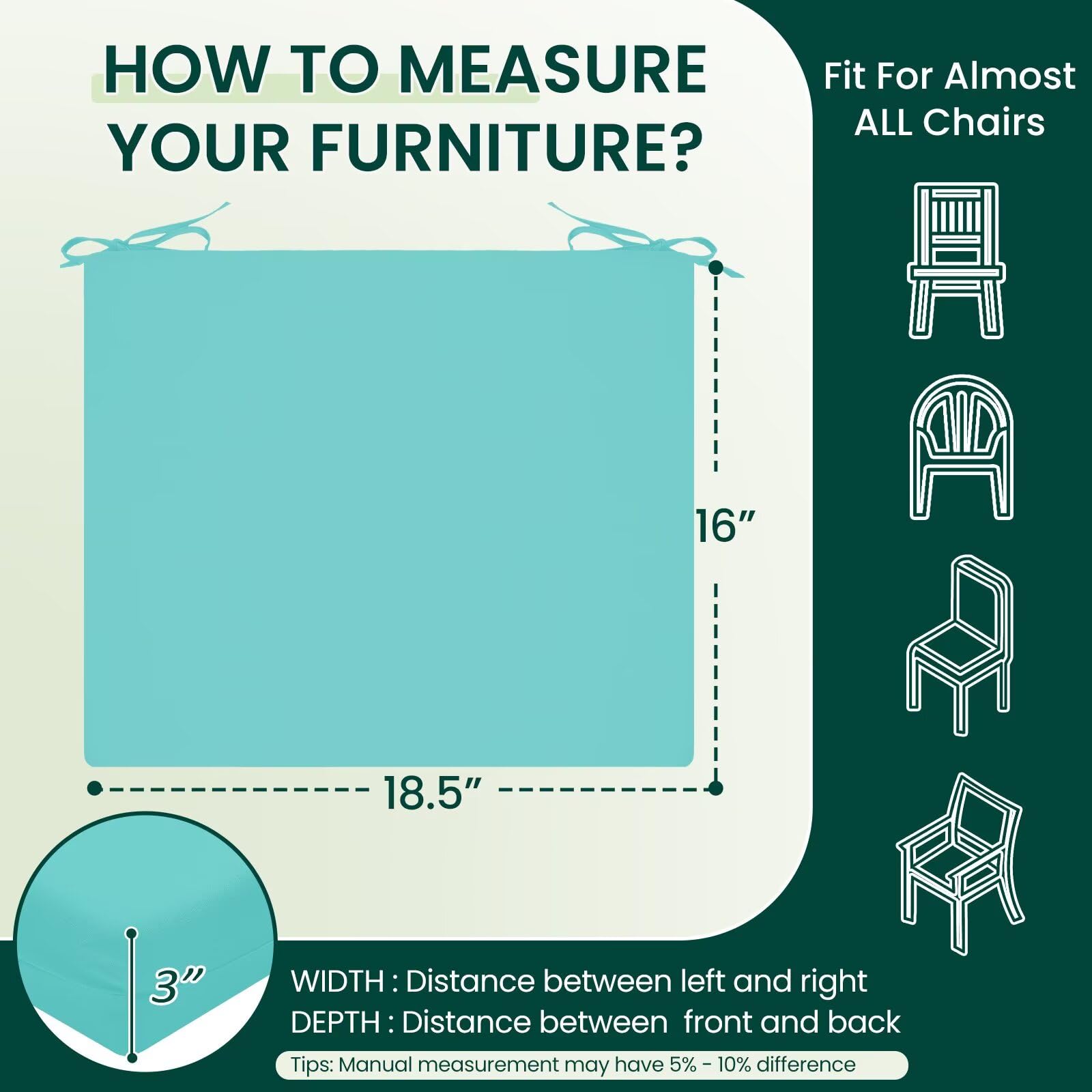 HARBOREST cushion beside ruler showing 18.5x16x3 inch size for accurate fit