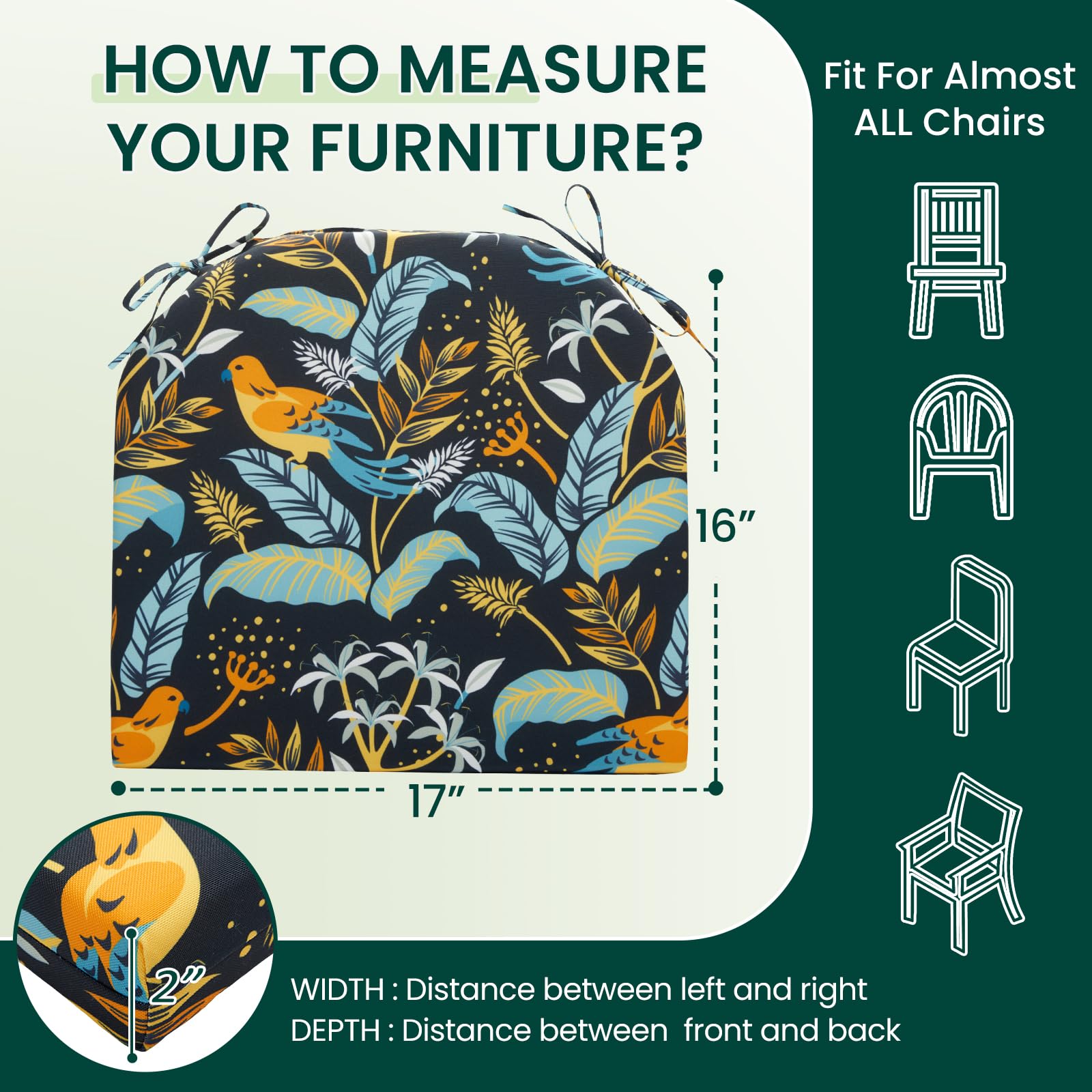 HARBOREST cushion next to ruler showing 17x16x2 dimensions for fit clarity