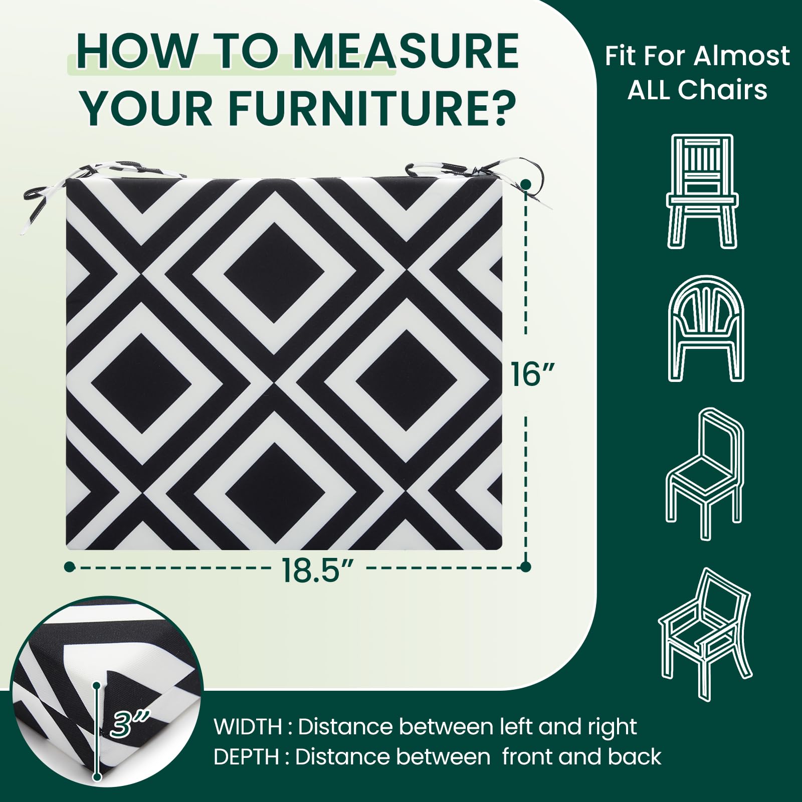 HARBOREST cushion beside ruler indicating 18.5x16x3 inches accurate sizing
