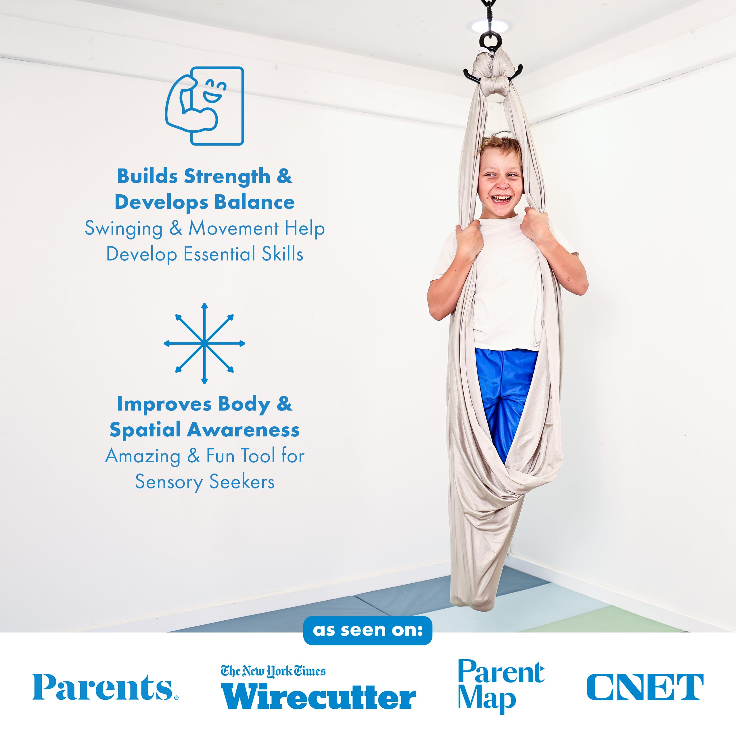 Harkla adult relaxing in swing showing supportive compression benefit