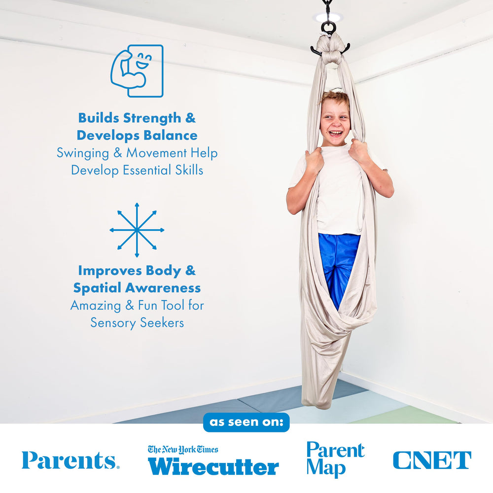 Harkla adult relaxing in swing showing supportive compression benefit