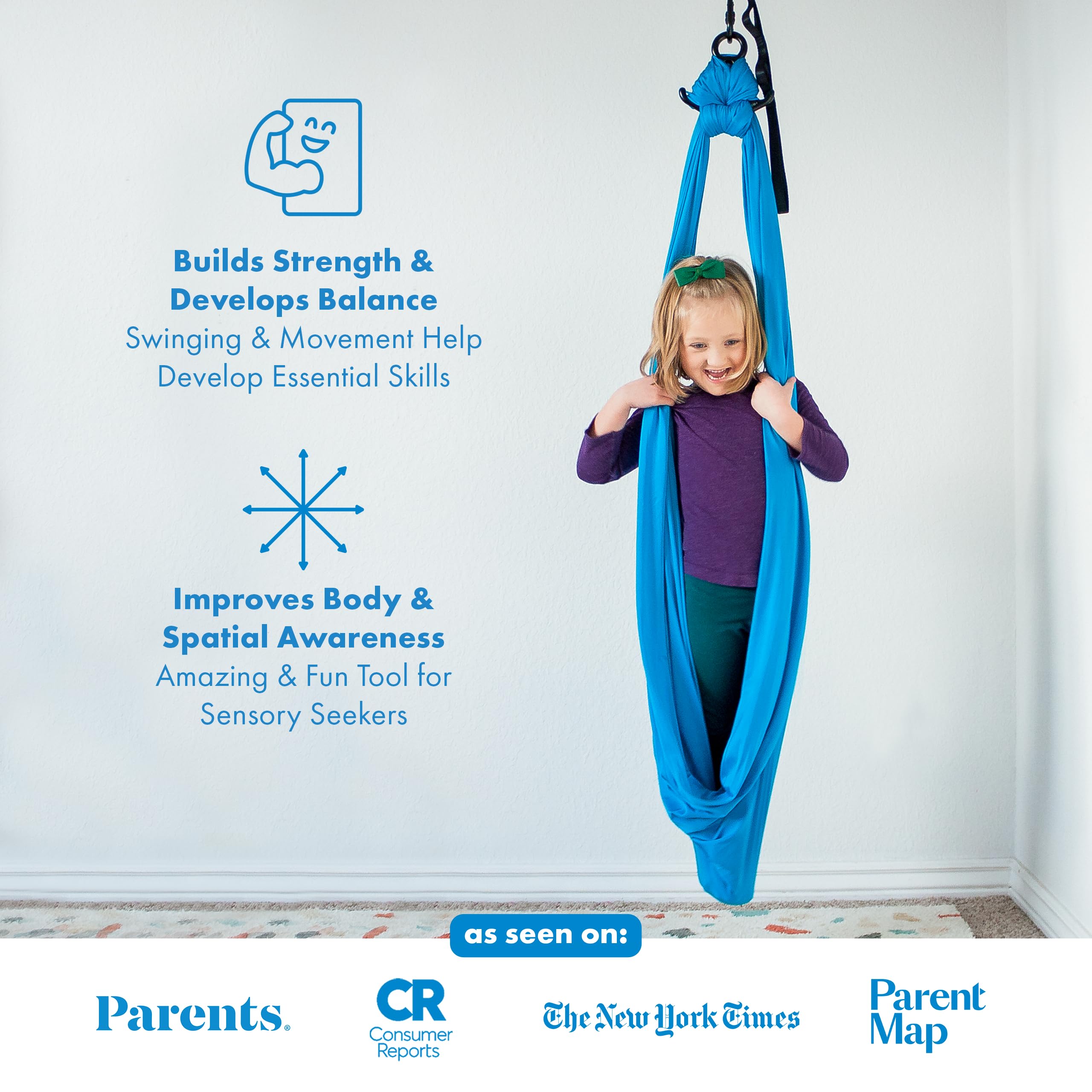 Harkla sensory swing with adult using swing showing 300 lb support and comfort