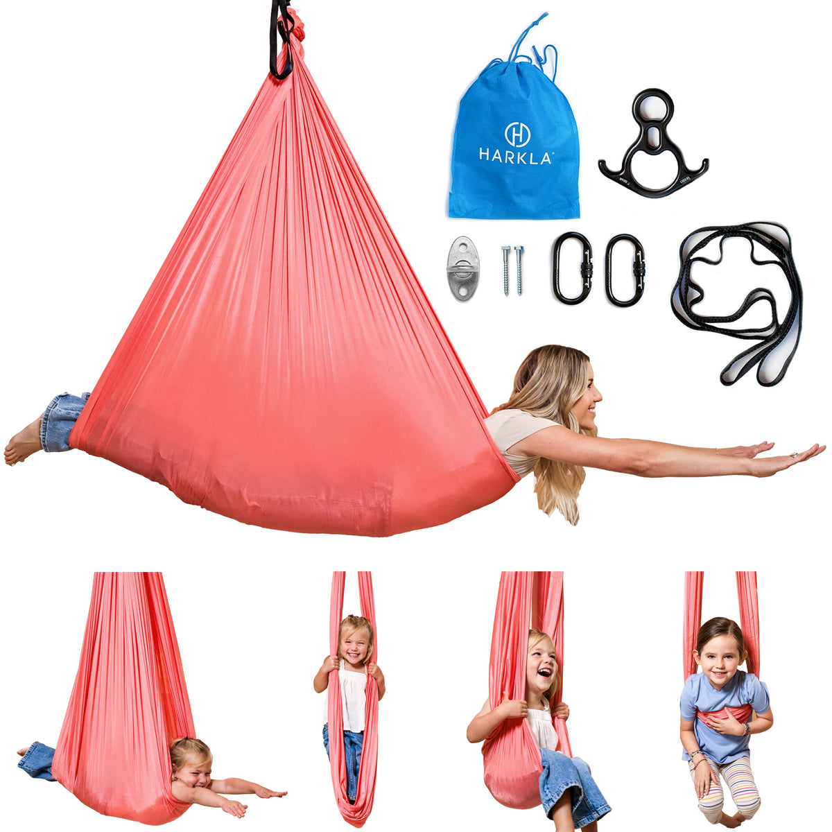 Harkla sensory swing front view showing hammock seat and soft fabric for calming