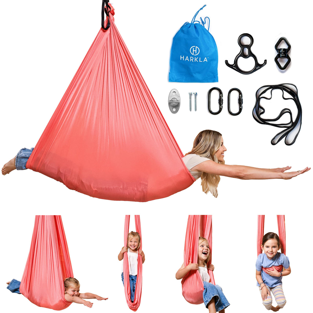 Harkla sensory swing front view showing snug cocoon and calming spot