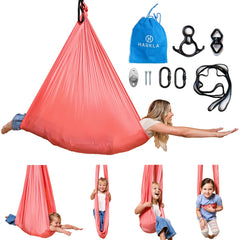 Harkla sensory swing front view showing snug cocoon and calming spot