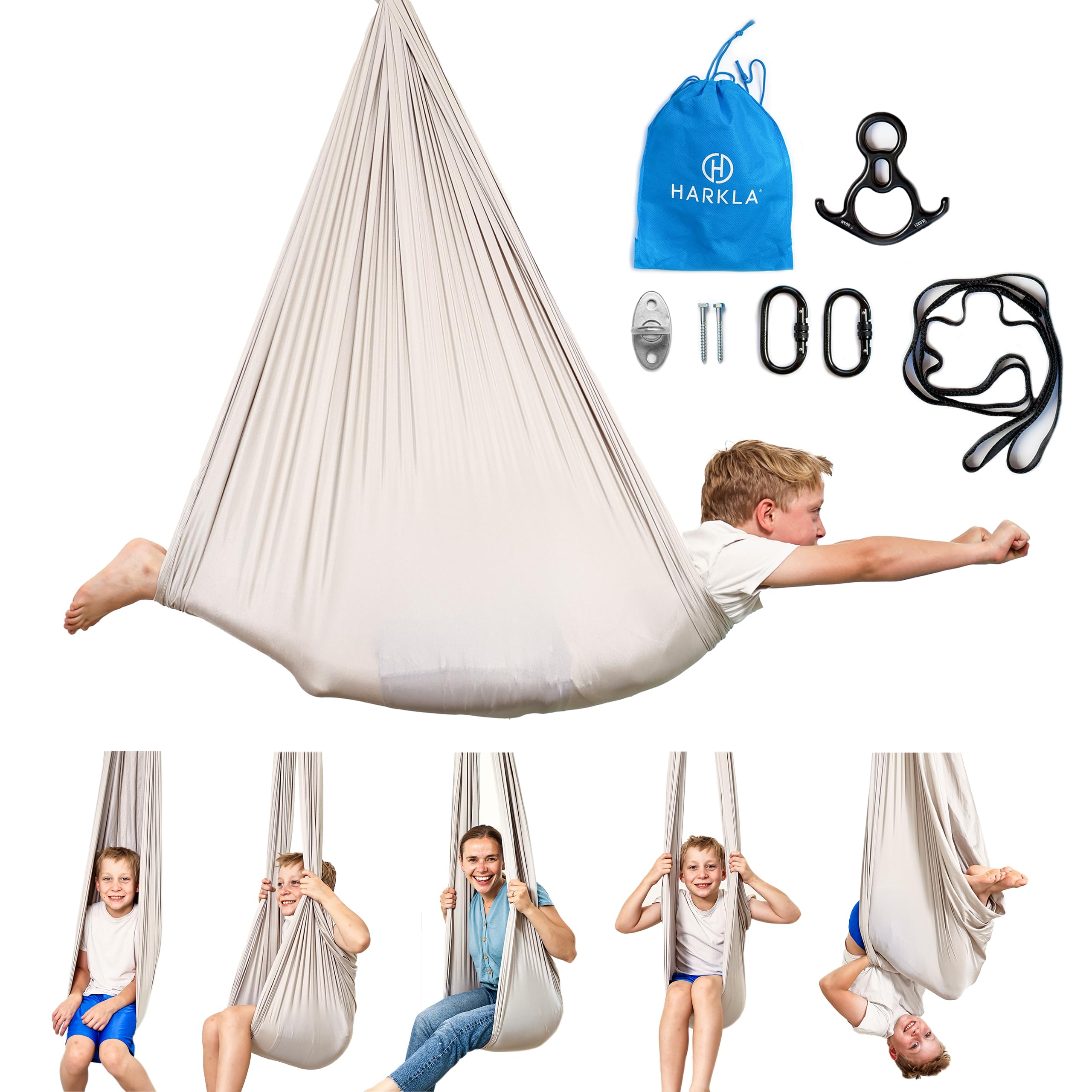 Harkla sensory swing front view showing secure nylon hammock and calm space