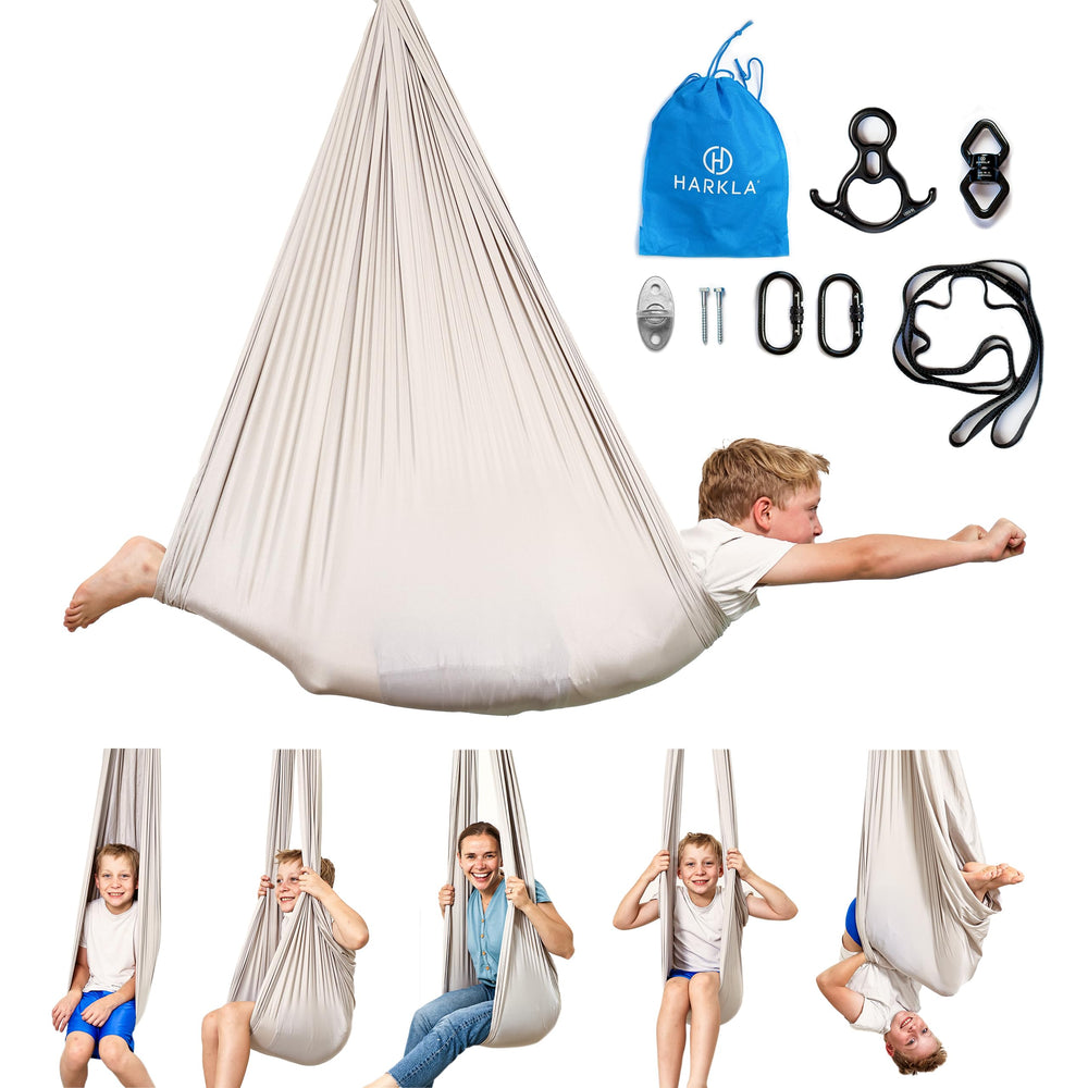 Harkla front view of sensory swing showing hammock posture and calming benefit