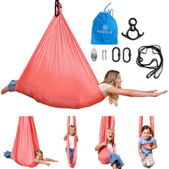 Harkla sensory swing front view showing hammock seat and soft fabric for calming