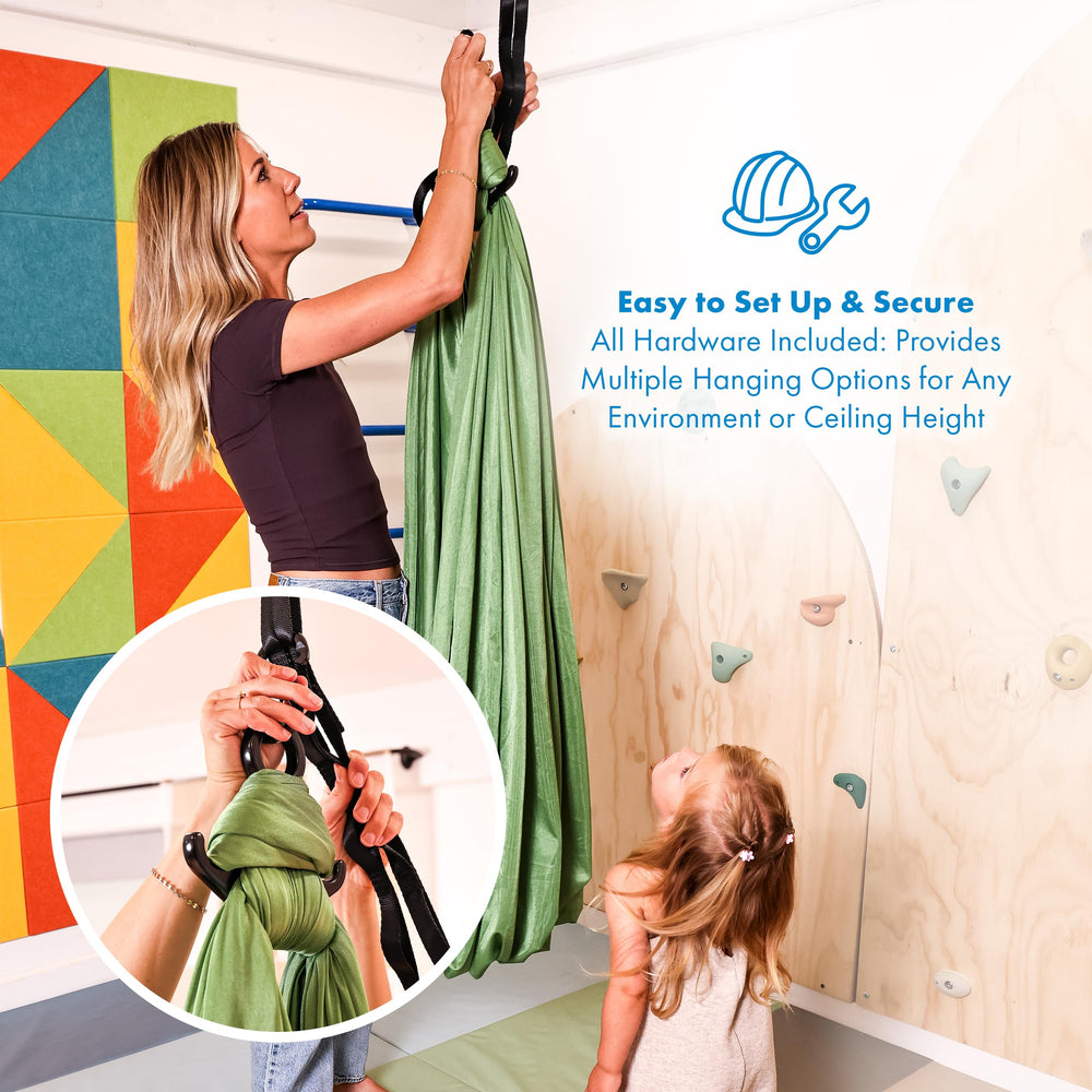 Harkla sensory swing with child inside showing calming compression benefit