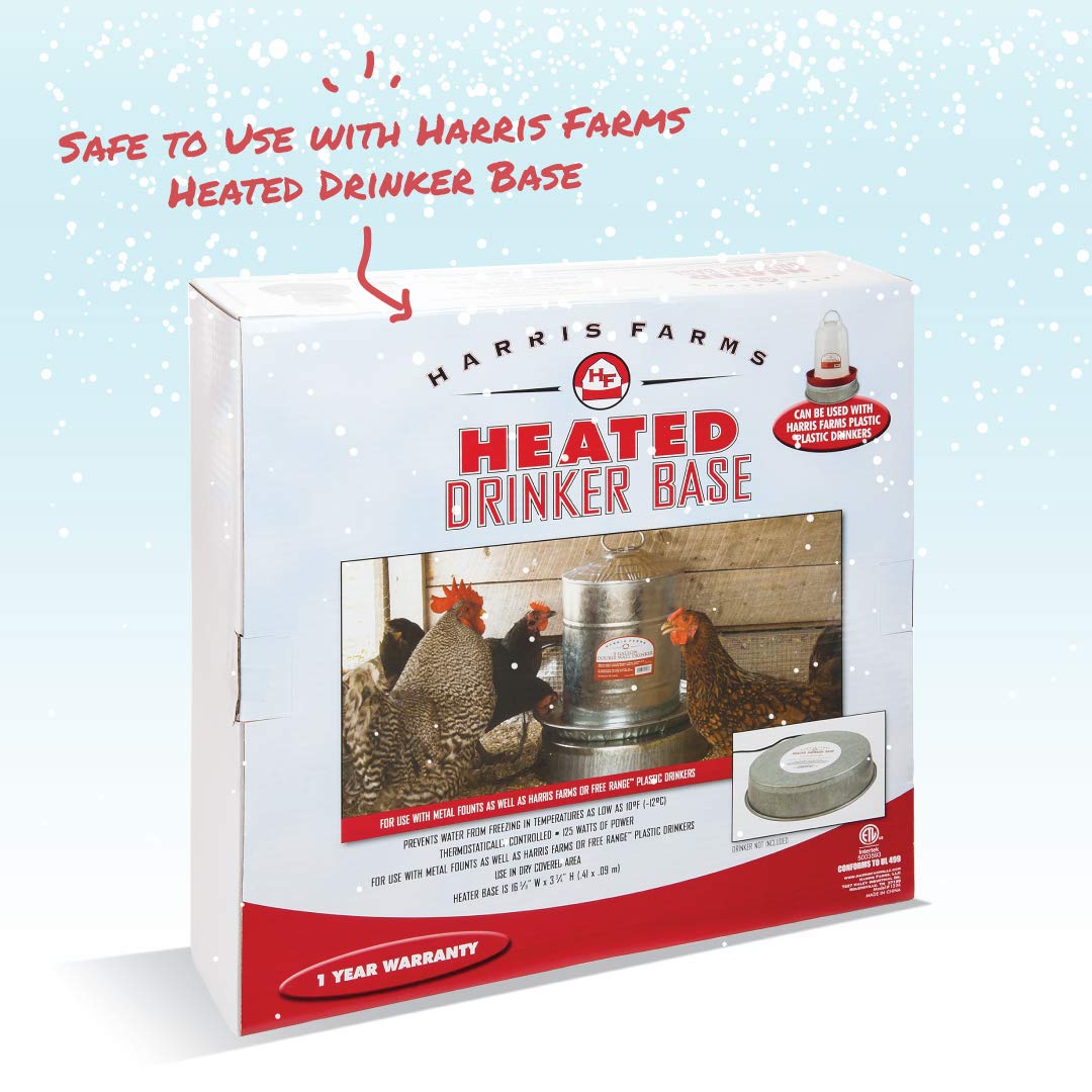 Harris Farms drinker hanging in coop providing accessible hydration for birds
