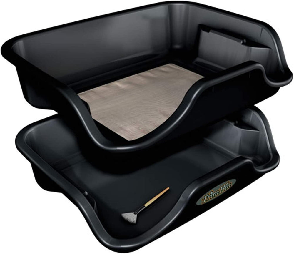 Harvest More TrimBin front view showing compact ergonomic tray and contained workspace benefit