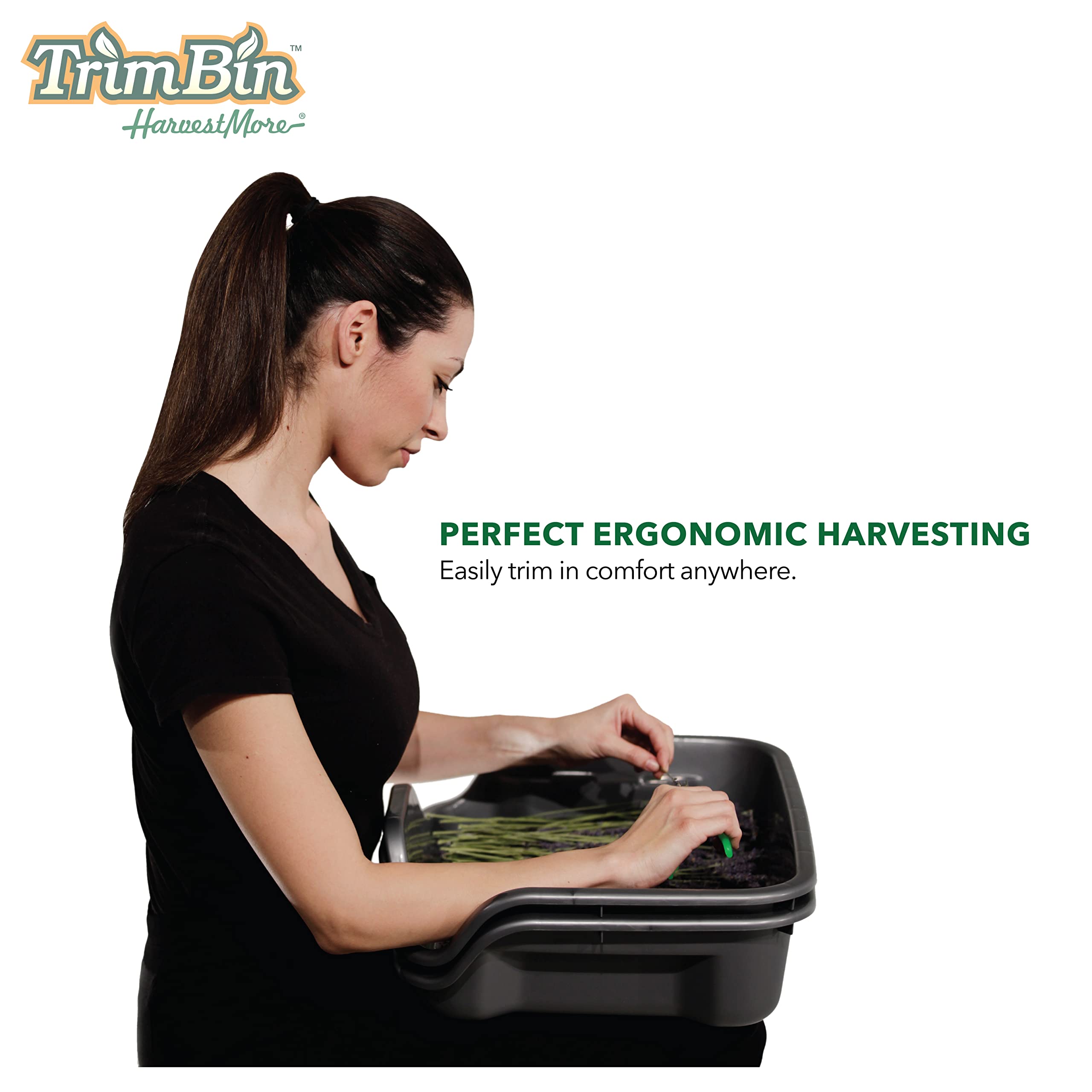Harvest More TrimBin material label showing 100% recycled polypropylene and USA-made quality