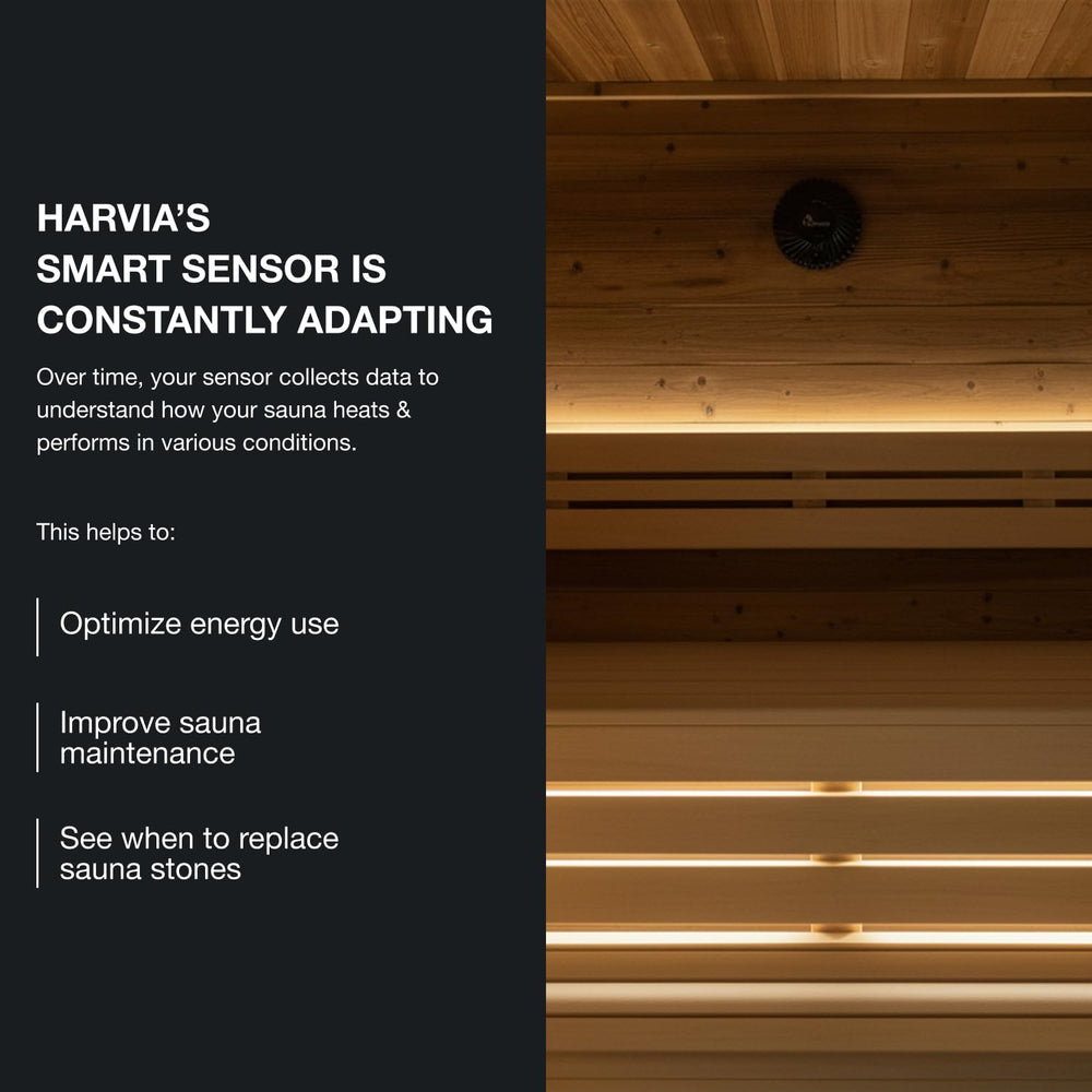 Harvia sensor installed near wood-burning stove, helping track heat and log fuel needs