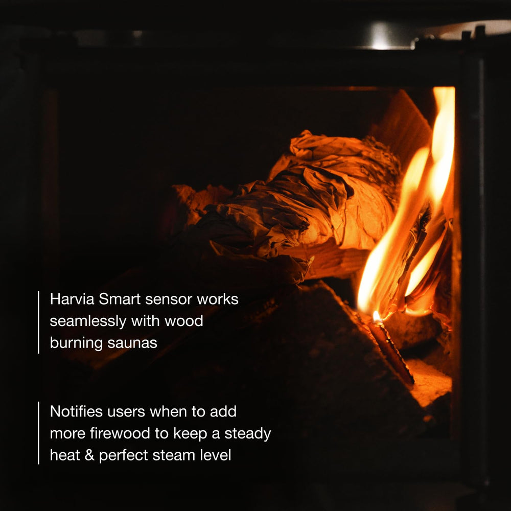 Harvia sensor mounted beside an electric sauna heater, providing precise temperature control