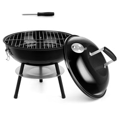 HaSteeL front view of 14 inch charcoal grill showing compact portable design and benefit