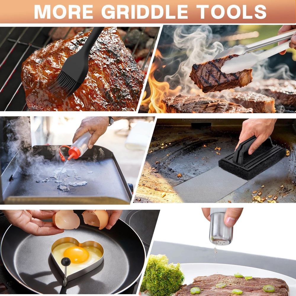 HaSteeL accessories laid out on griddle showing organized, ready-to-cook setup