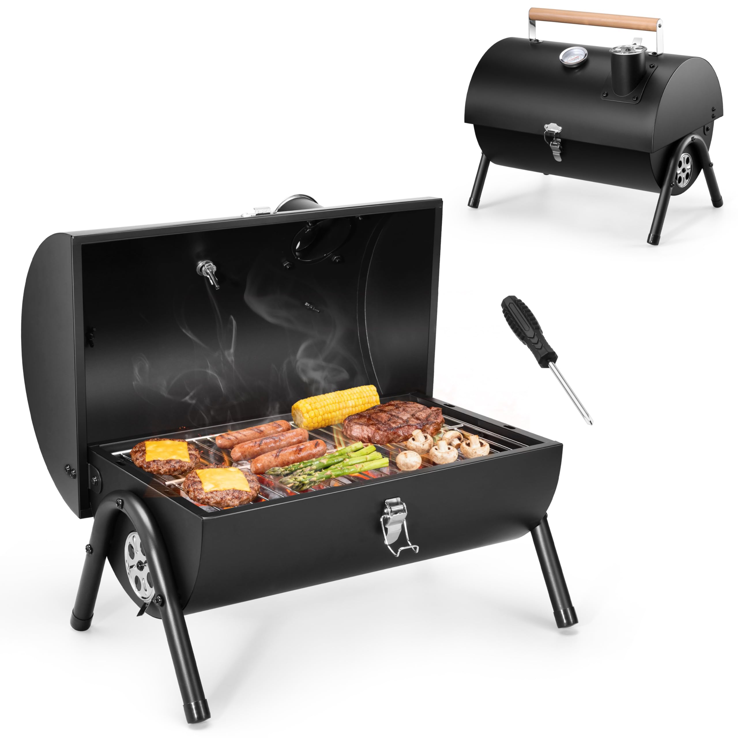 HaSteeL front view showing compact assembled grill and portability benefit