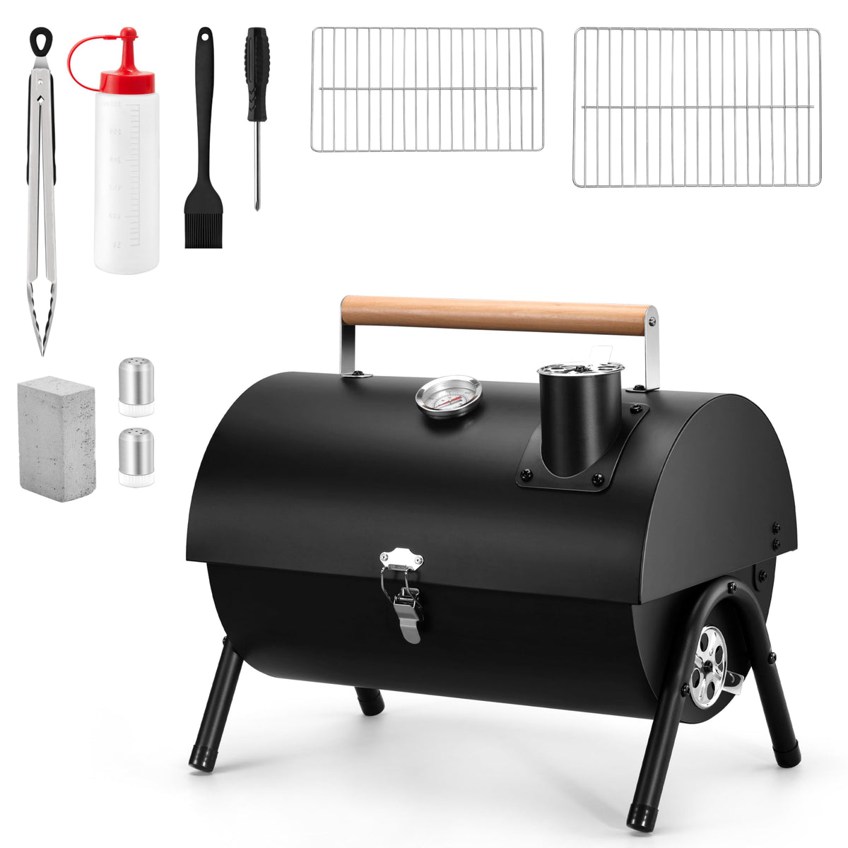 HaSteeL compact charcoal grill front view showing portable design and secure latch