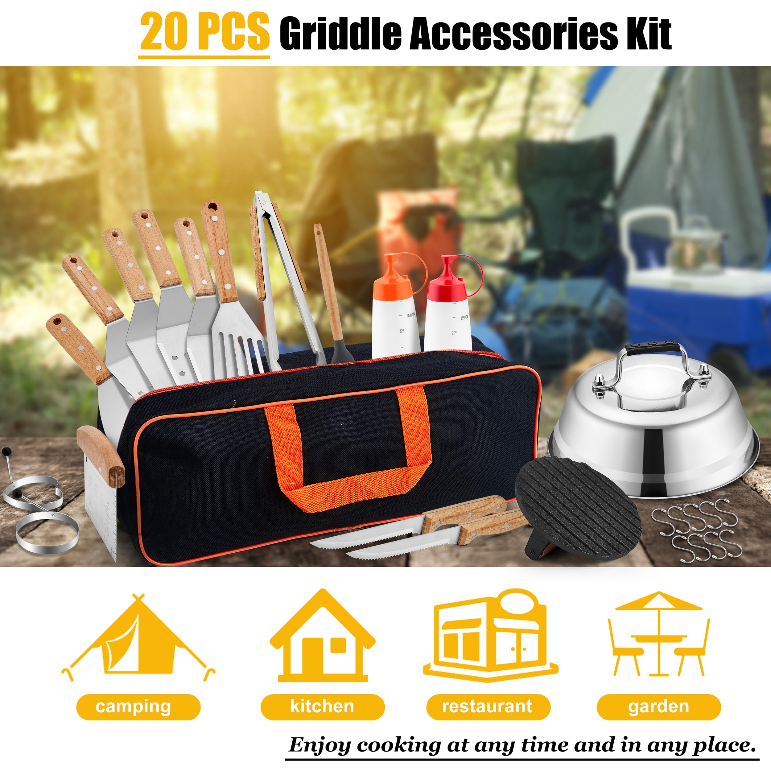 HaSteeL griddle setup at an outdoor BBQ showing tools in use for efficient cooking