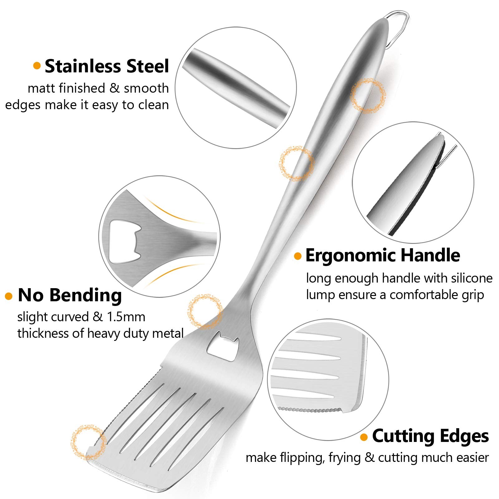 HaSteeL spatula close-up showing serrated and slotted edges for versatile flipping