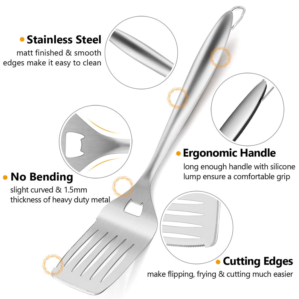 HaSteeL spatula close-up showing serrated and slotted edges for versatile flipping