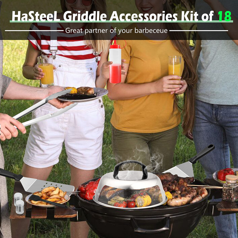 HaSteeL tools shown in use on griddle flipping burgers to highlight performance