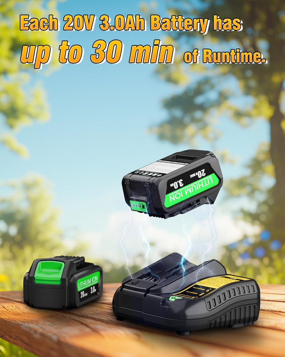 Hastia two 3.0Ah batteries and fast charger for extended runtime and quick recharging