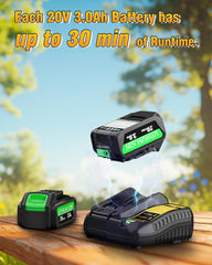 Hastia two 3.0Ah batteries and fast charger for extended runtime and quick recharging