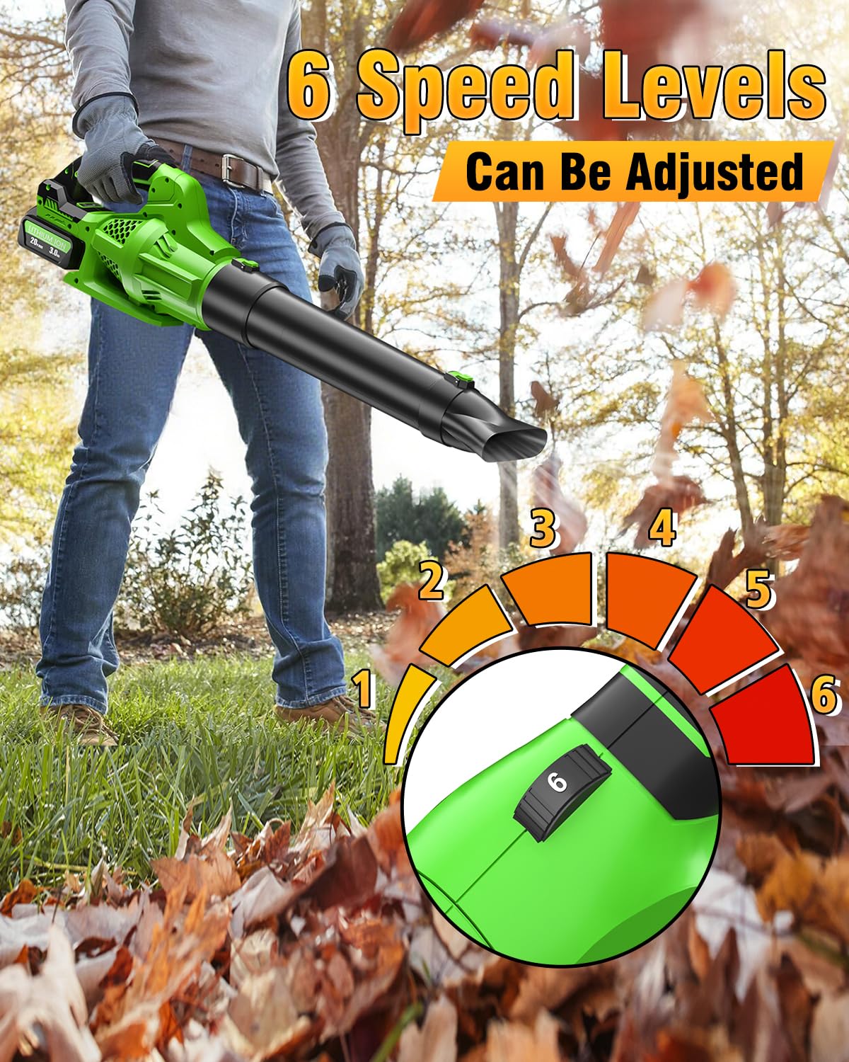 Hastia side profile in use blowing leaves on a lawn demonstrating powerful airflow