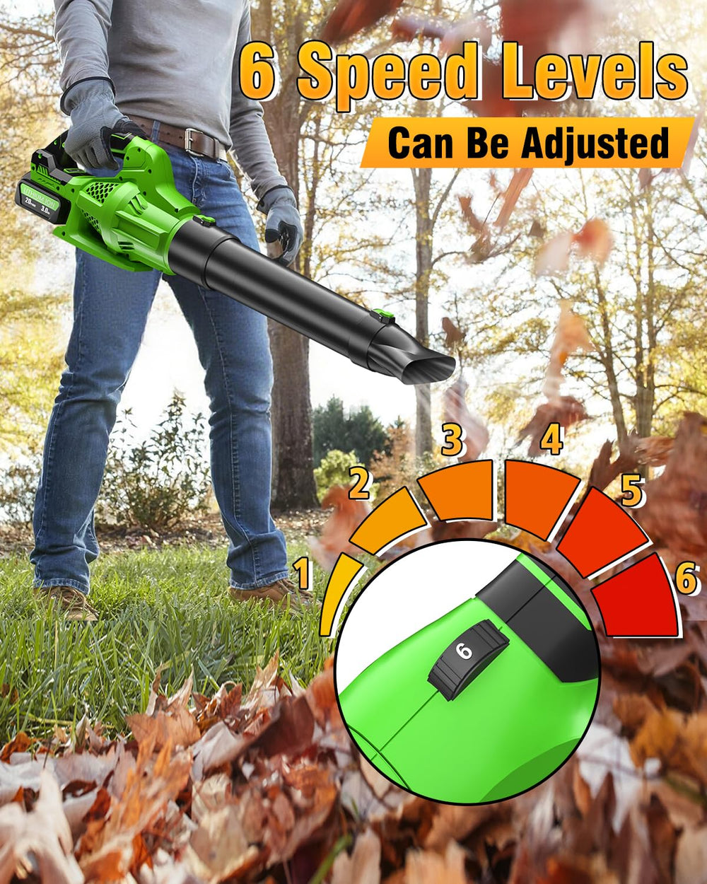 Hastia side profile in use blowing leaves on a lawn demonstrating powerful airflow