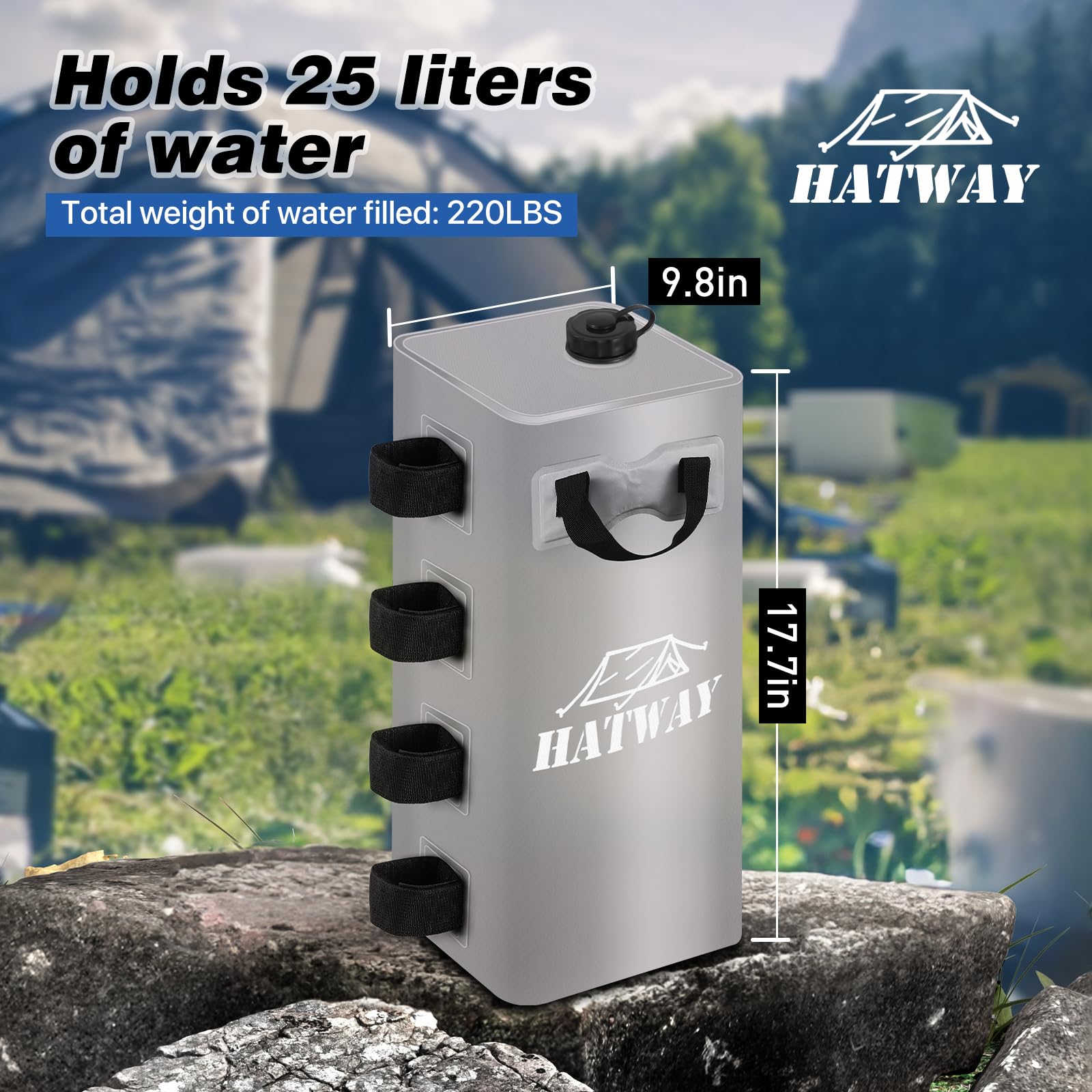 Hatway filled water weight attached to a canopy leg reducing uplift and improving stability