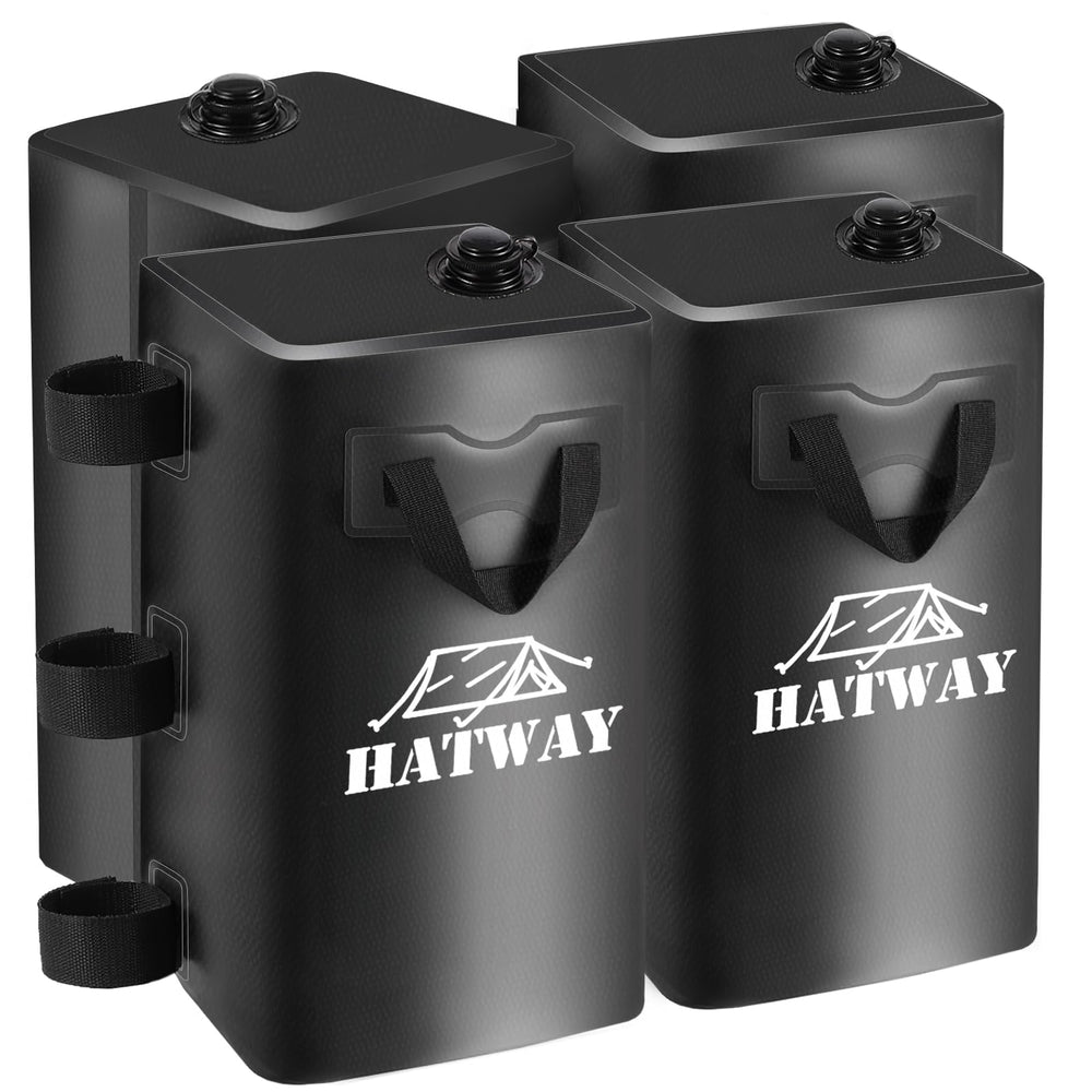 Hatway front view showing four filled canopy weight bags securing tent