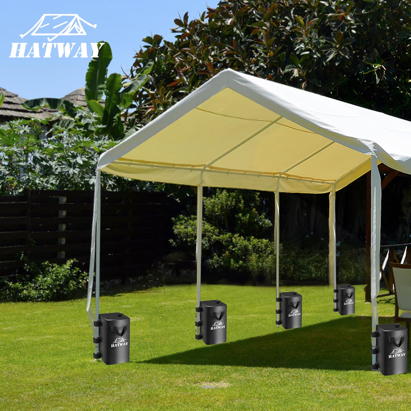 Hatway outdoor gazebo stabilized by weights showing safer shelter use